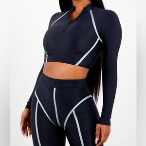 NWT SET Sorella Black Thick Piping Top and Leggings Bodycon Grey Contrast